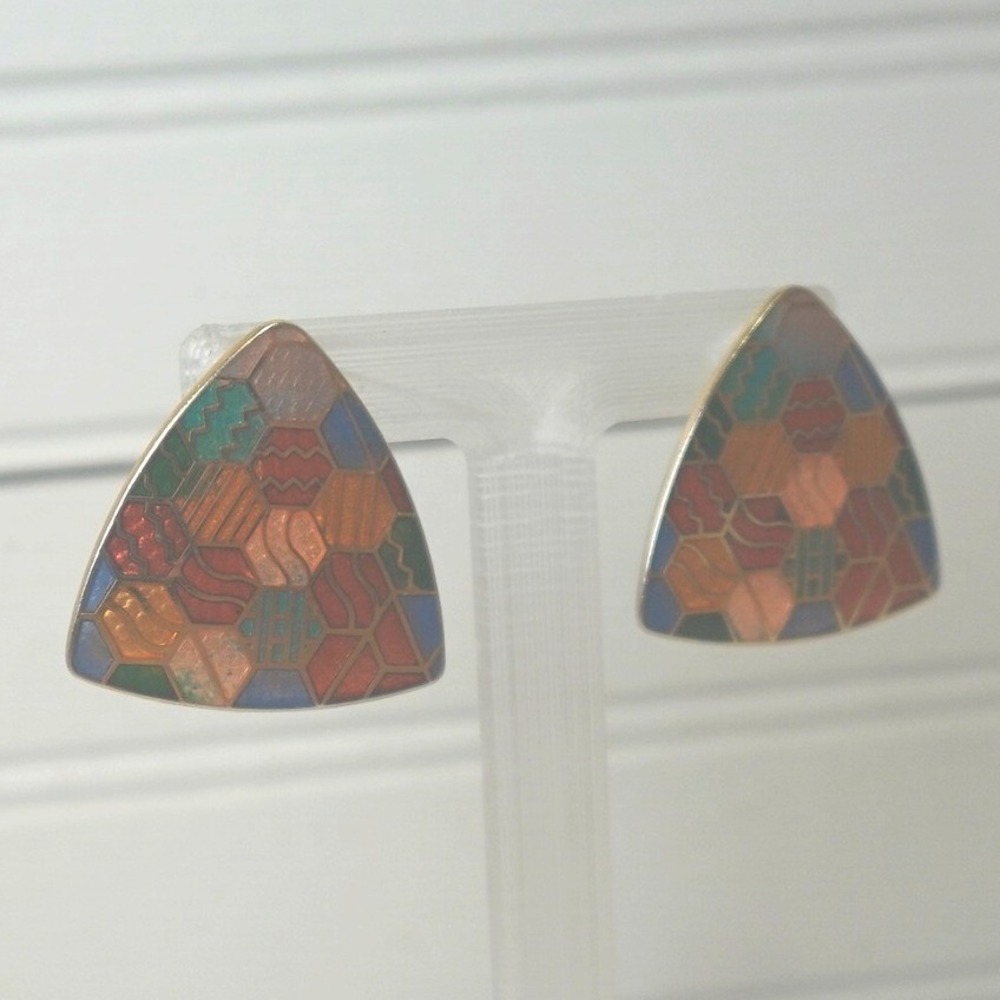 Vintage Cloisonne Enamel Pierced Earrings Geometric Mosaic Gold Tone Jewelry
